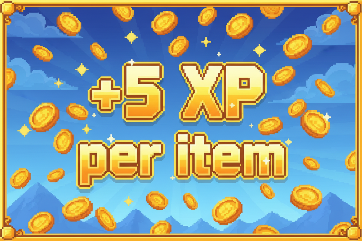 create the pixel words +5 XP per item with coins in the background